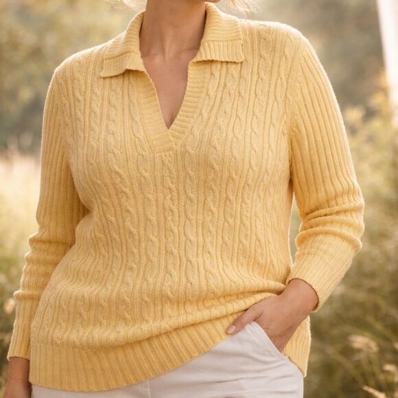 liz & co. Sweaters - Liz & Co Yellow Cable Knit Sweater 2X 100% Cotton Collared V-Neck Preppy Coastal